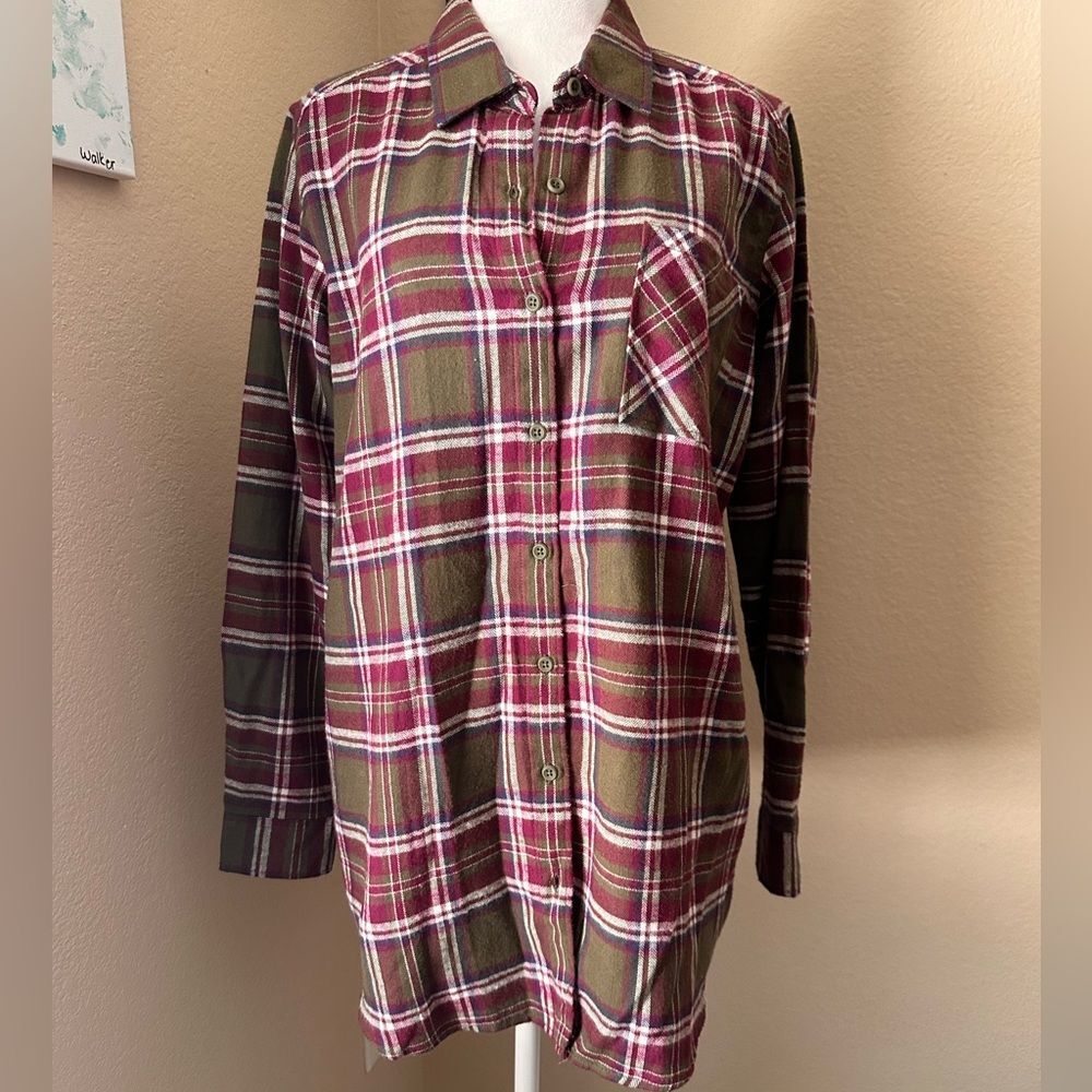 Women’s Natural Reflections Plaid Shirt - burgundy/olive/cream, size L, new no t